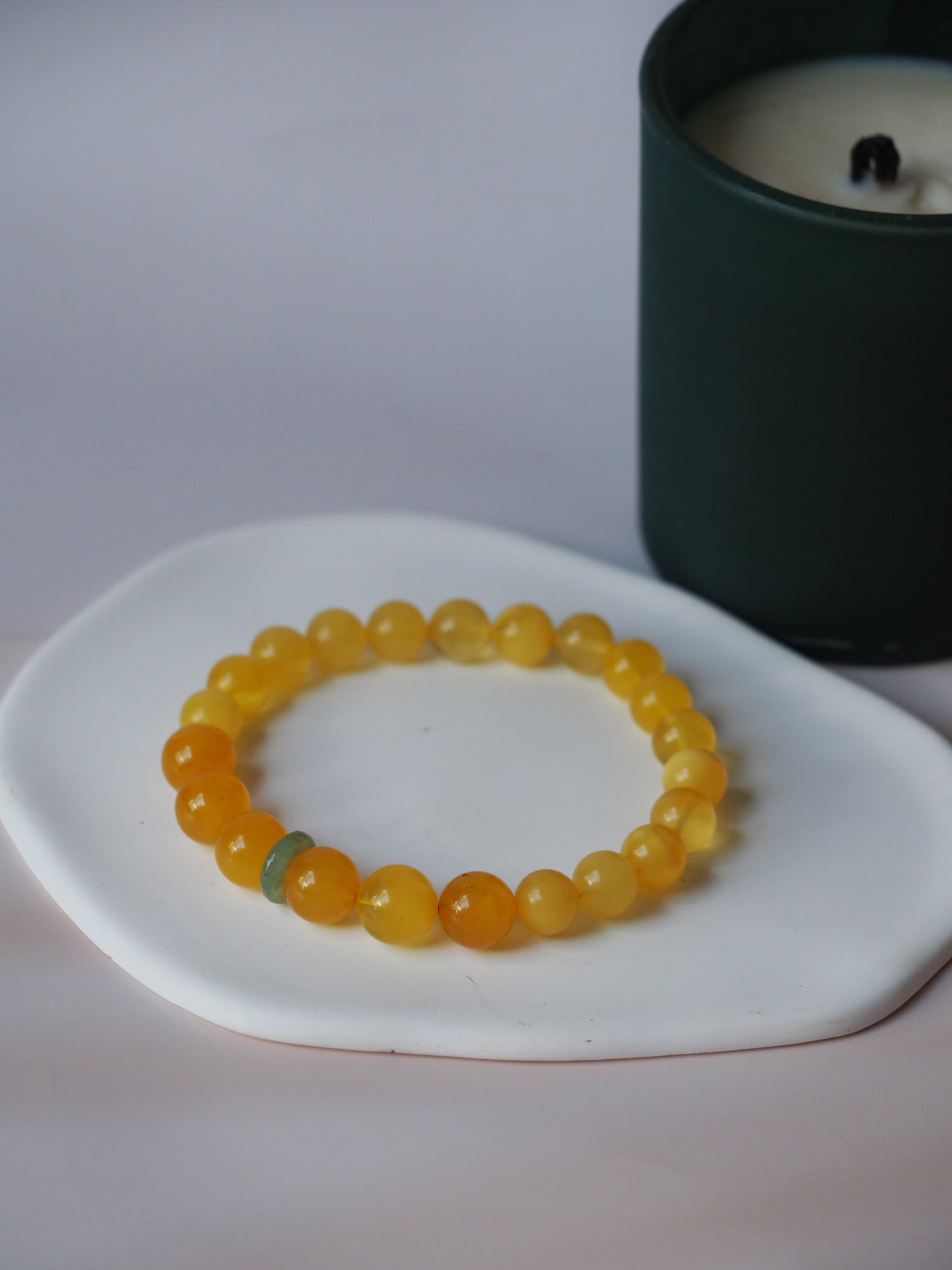 Irregular Butterscotch Round Beaded Amber Bracelet with Jade Disc