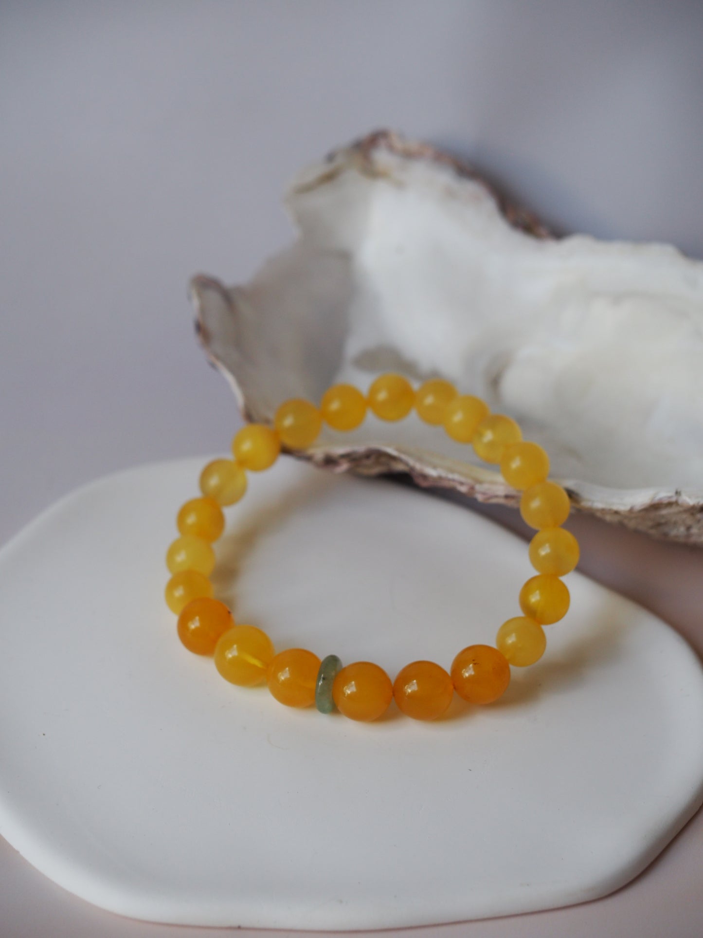 Irregular Butterscotch Round Beaded Amber Bracelet with Jade Disc