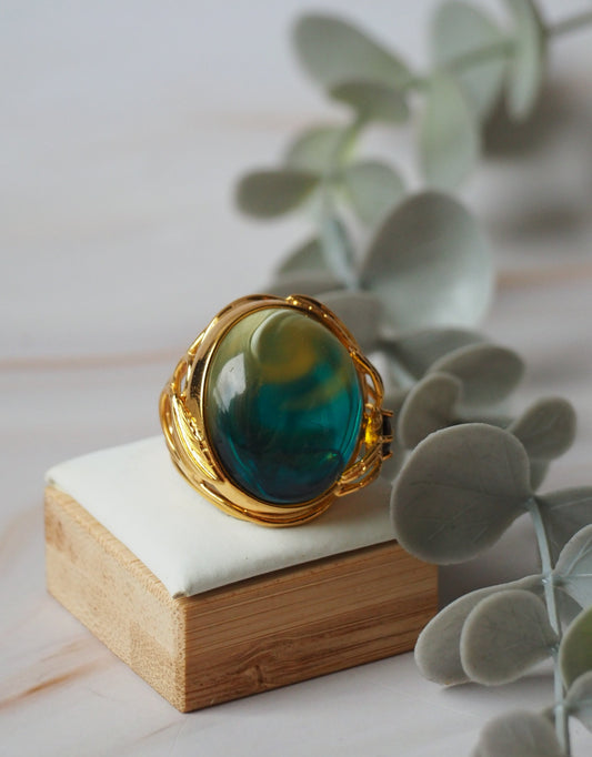 Big Unique Blue Amber Ring with Milk Inclusion & Amethyst