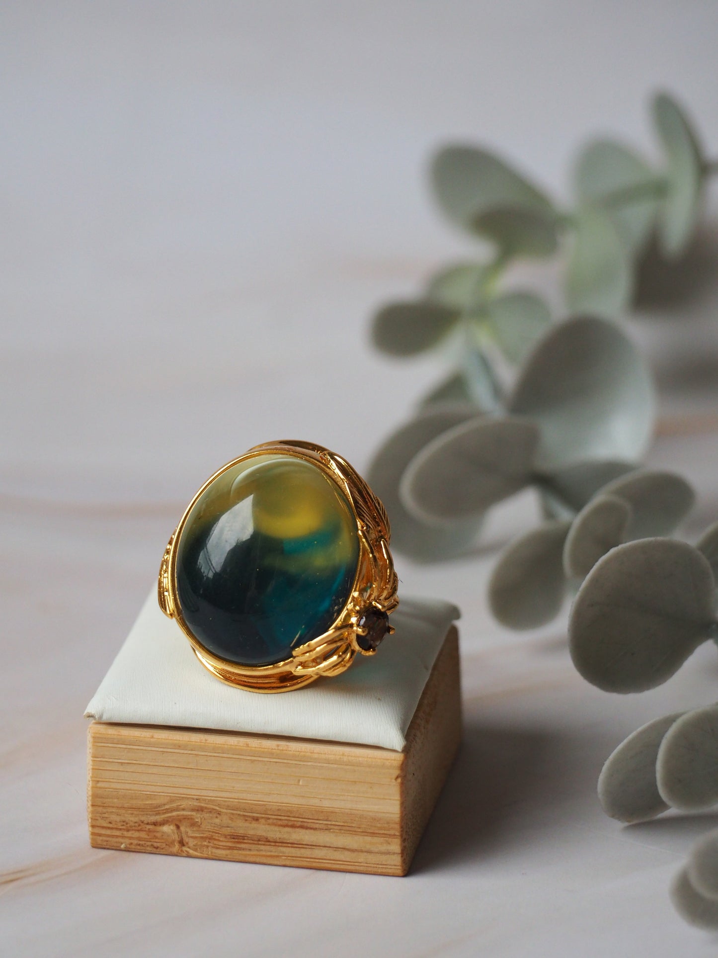 Big Unique Blue Amber Ring with Milk Inclusion & Amethyst