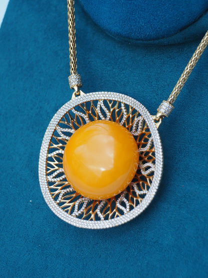 RUNWAY PIECE Unique Huge Supertree Inspired Honey Amber Pendant with Cubic Zirconias