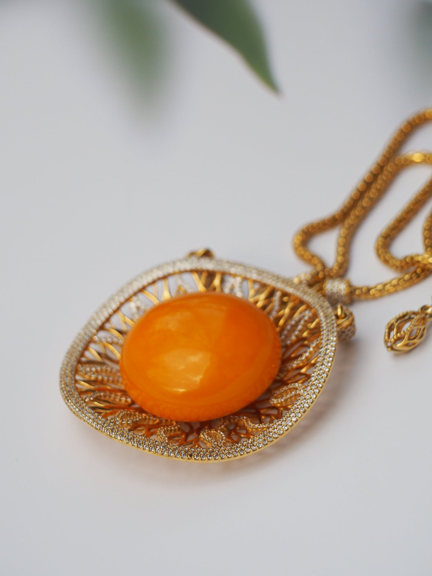 RUNWAY PIECE Unique Huge Supertree Inspired Honey Amber Pendant with Cubic Zirconias