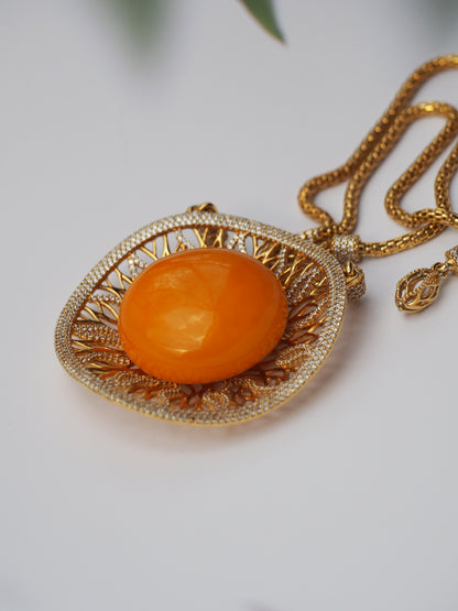 RUNWAY PIECE Unique Huge Supertree Inspired Honey Amber Pendant with Cubic Zirconias