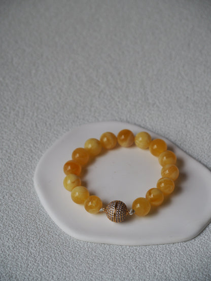 Royal White / Butterscotch Natural Amber Beaded Bracelet with Metal Magnetic Closure