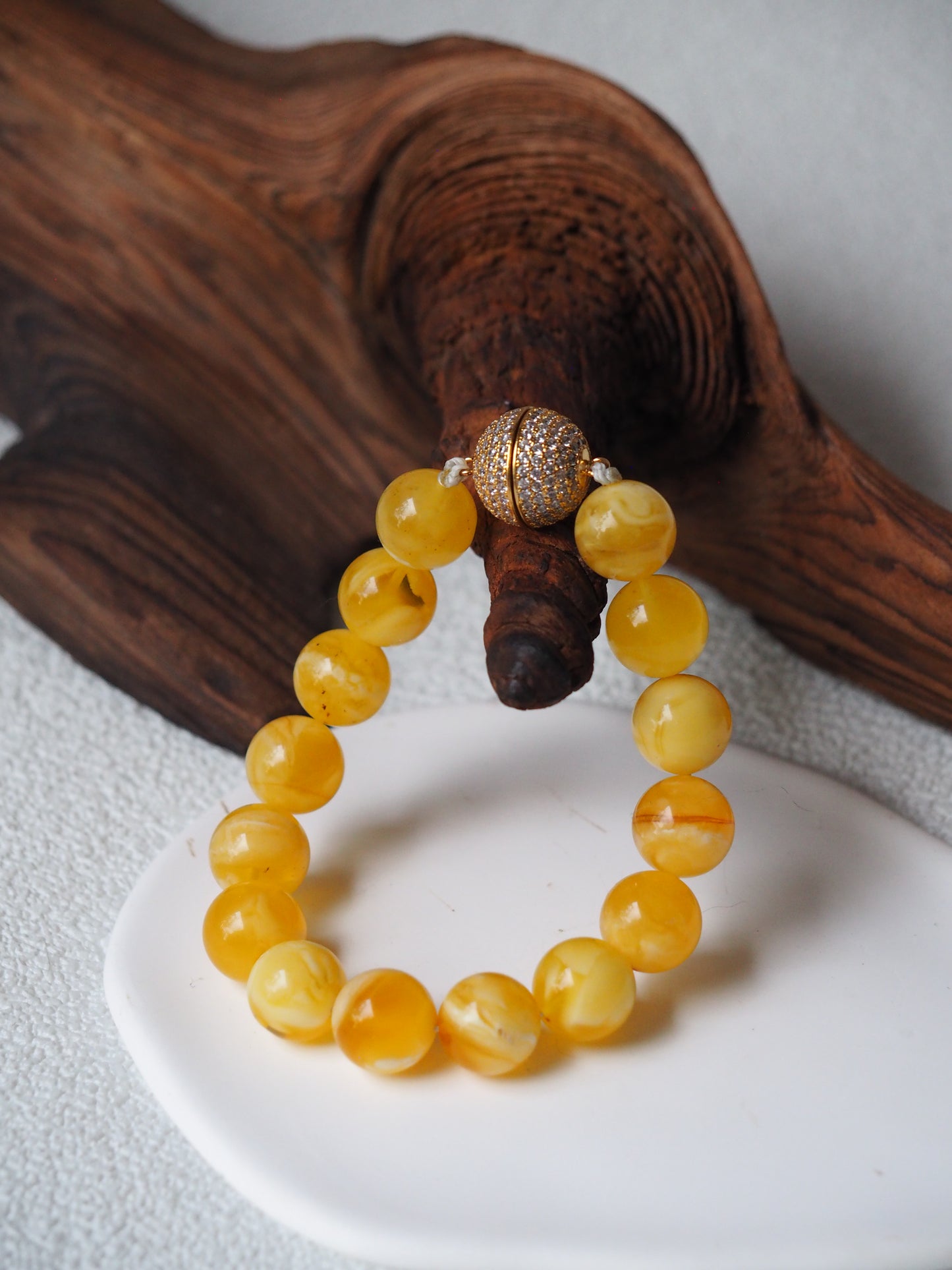 Royal White / Butterscotch Natural Amber Beaded Bracelet with Metal Magnetic Closure