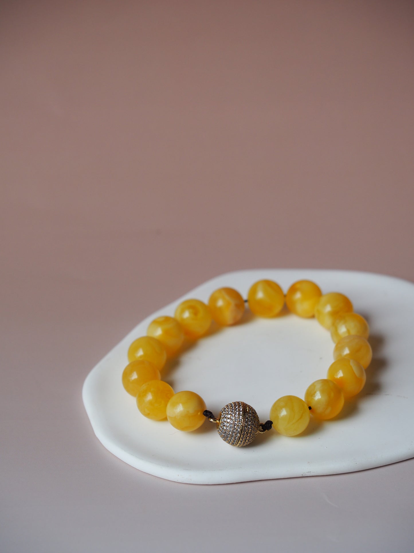 Royal White / Butterscotch Natural Amber Beaded Bracelet with Metal Magnetic Closure