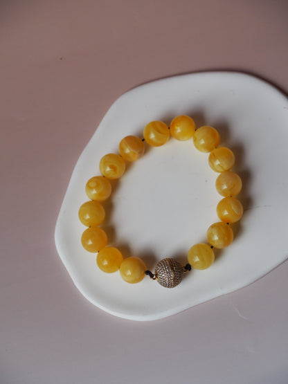 Royal White / Butterscotch Natural Amber Beaded Bracelet with Metal Magnetic Closure