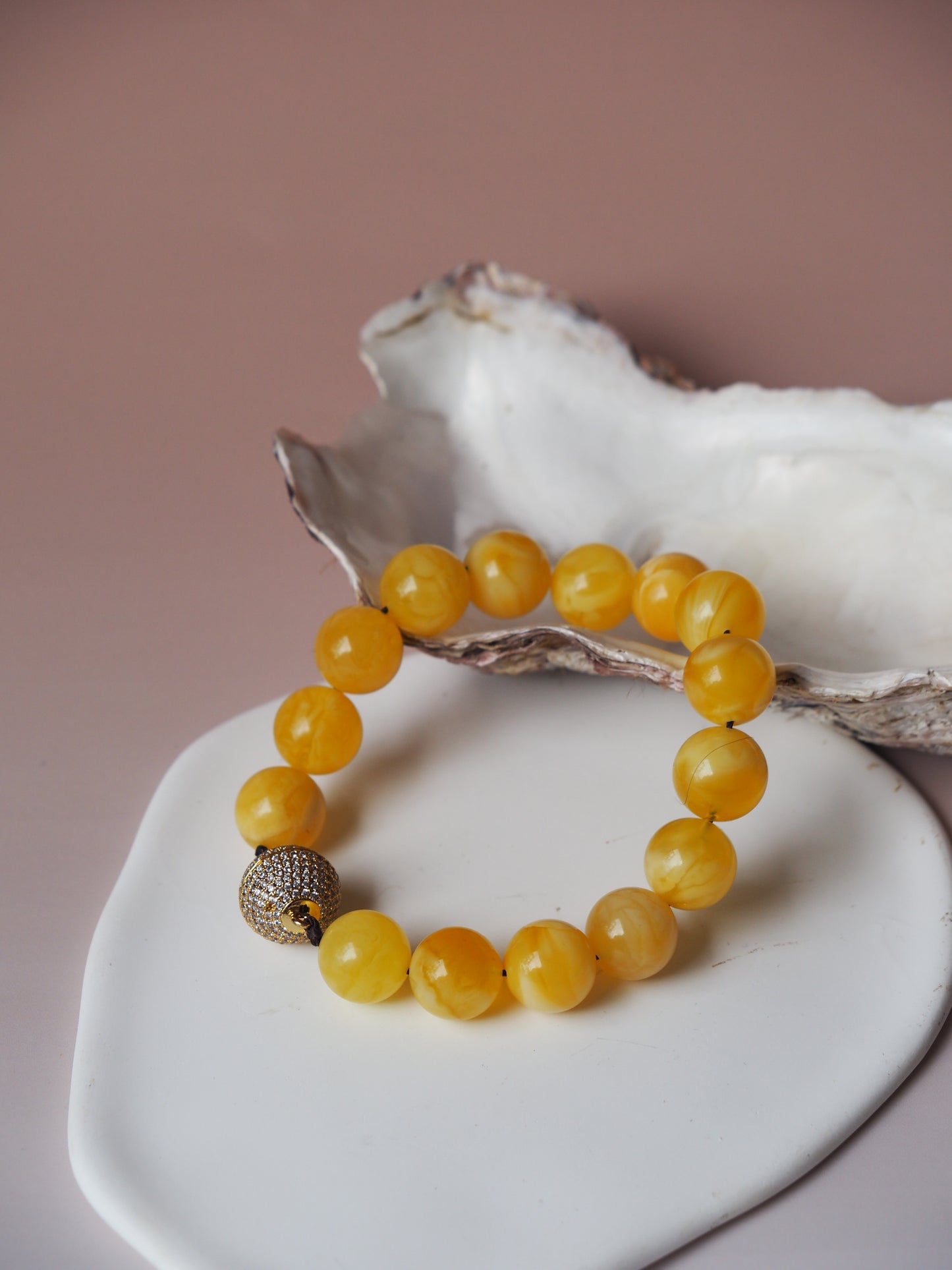 Royal White / Butterscotch Natural Amber Beaded Bracelet with Metal Magnetic Closure