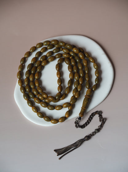 Olive Green Antique American Bakelite with Yellow Veins and Silver Tassel Tasbih 99 Beads