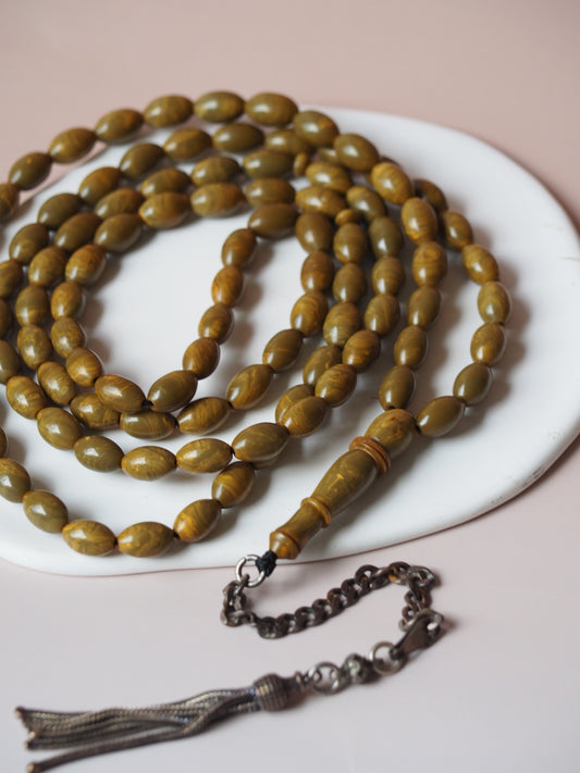 Olive Green Antique American Bakelite with Yellow Veins and Silver Tassel Tasbih 99 Beads