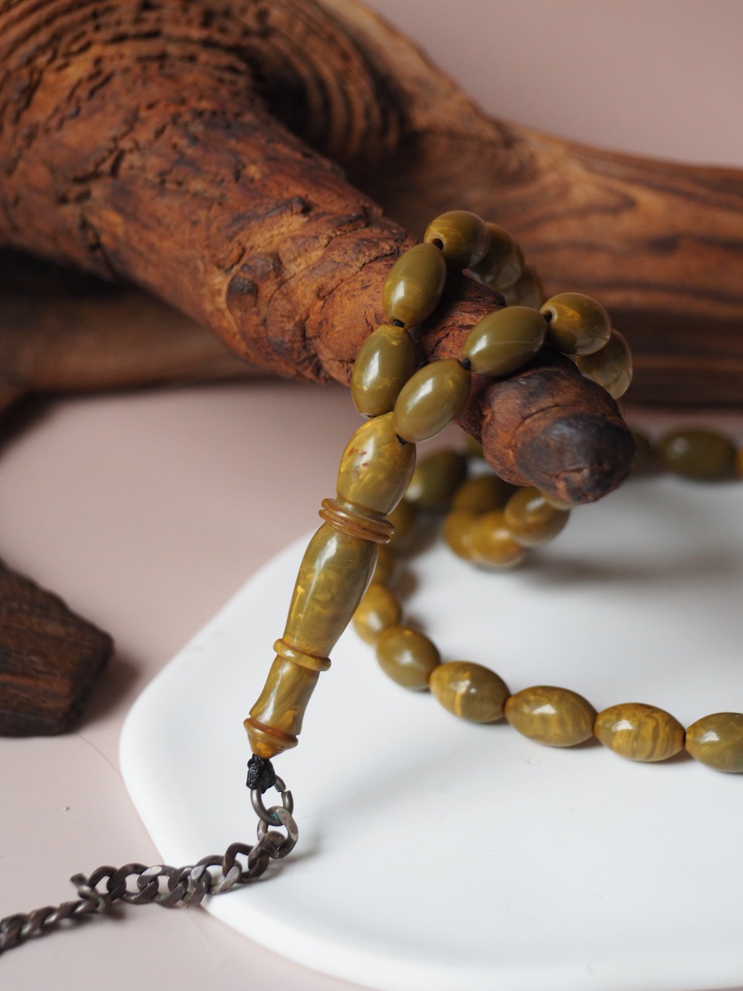 Olive Green Antique American Bakelite with Yellow Veins and Silver Tassel Tasbih 99 Beads