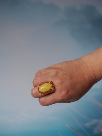 Rectangular Butterscotch Amber Ring with Cubic Zirconias in Gold Plated Silver