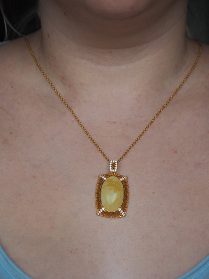 Rectangular Butterscotch Amber Pendant with Cubic Zirconias in Gold Plated Silver