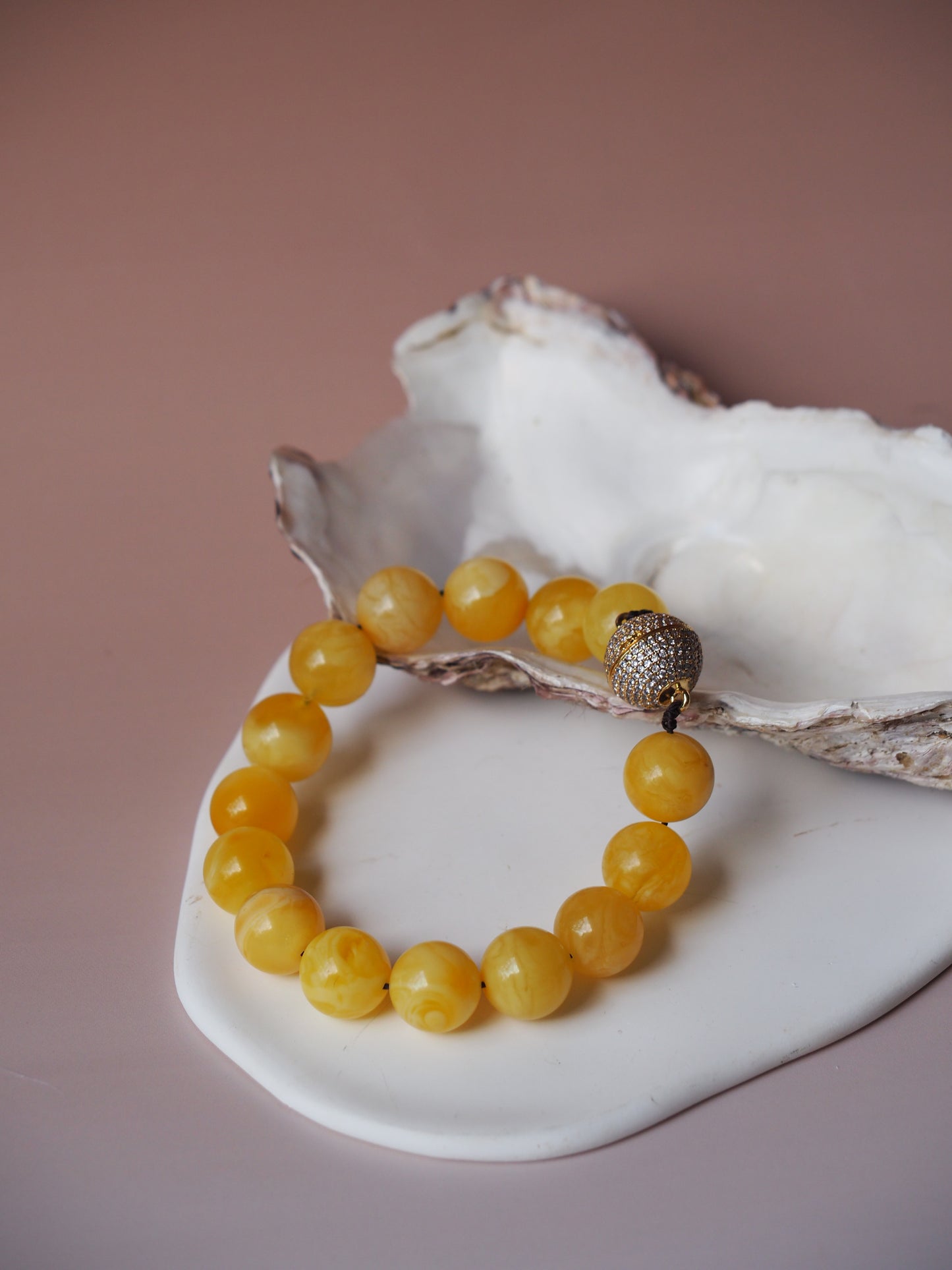 Royal White / Butterscotch Natural Amber Beaded Bracelet with Metal Magnetic Closure