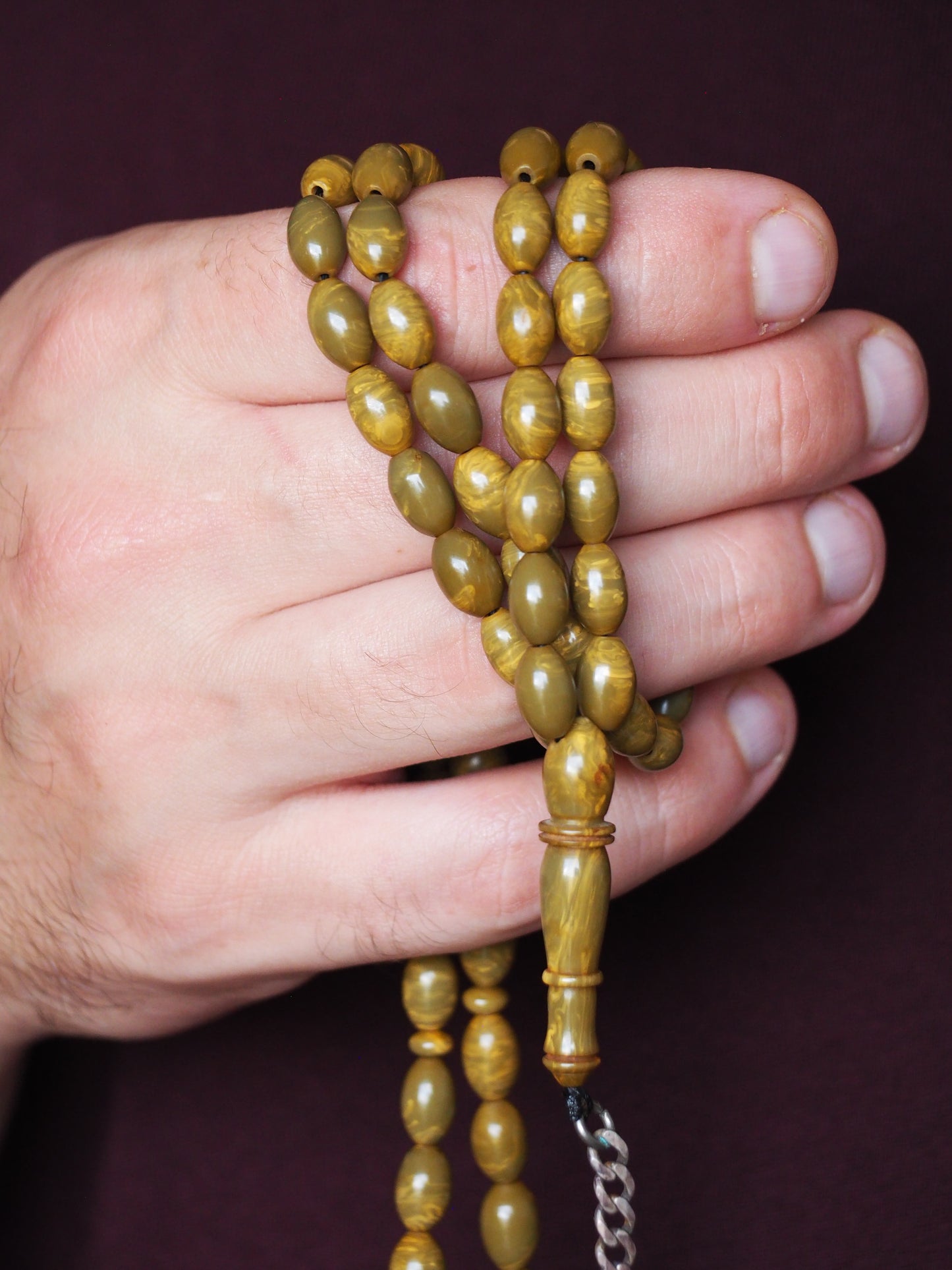 Olive Green Antique American Bakelite with Yellow Veins and Silver Tassel Tasbih 99 Beads