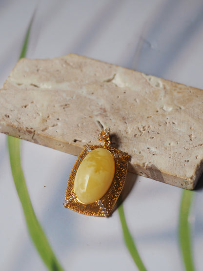 Rectangular Butterscotch Amber Pendant with Cubic Zirconias in Gold Plated Silver