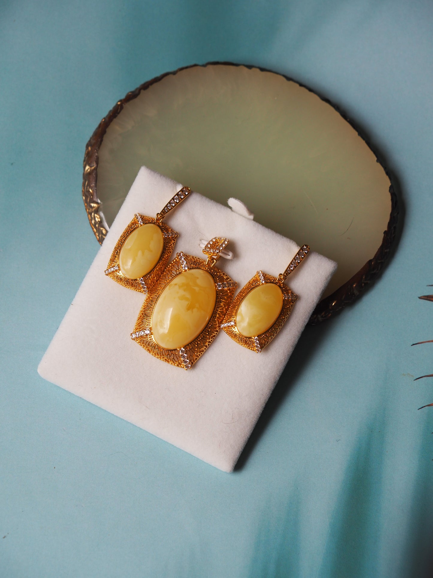 Rectangular Butterscotch Amber Set with Cubic Zirconias in Gold Plated Silver