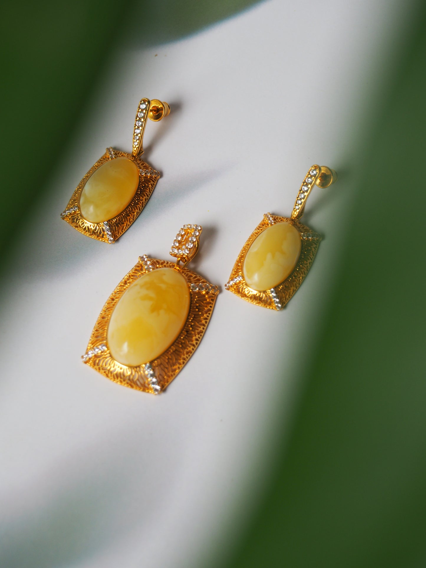 Rectangular Butterscotch Amber Set with Cubic Zirconias in Gold Plated Silver