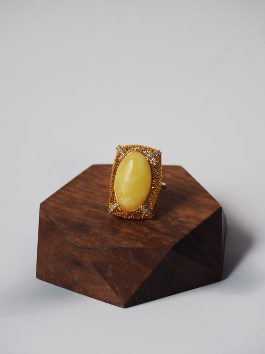 Rectangular Butterscotch Amber Ring with Cubic Zirconias in Gold Plated Silver