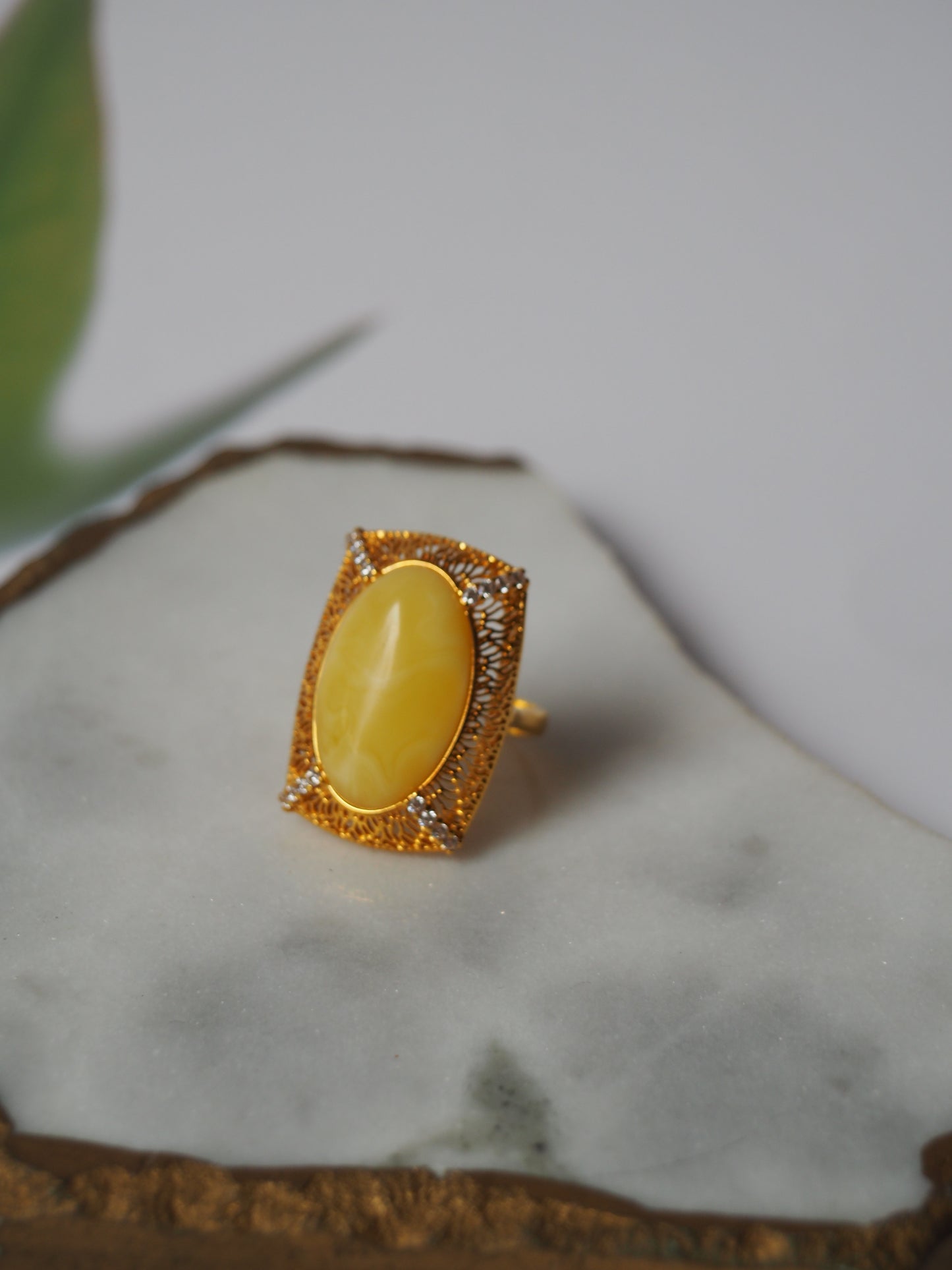 Rectangular Butterscotch Amber Set with Cubic Zirconias in Gold Plated Silver