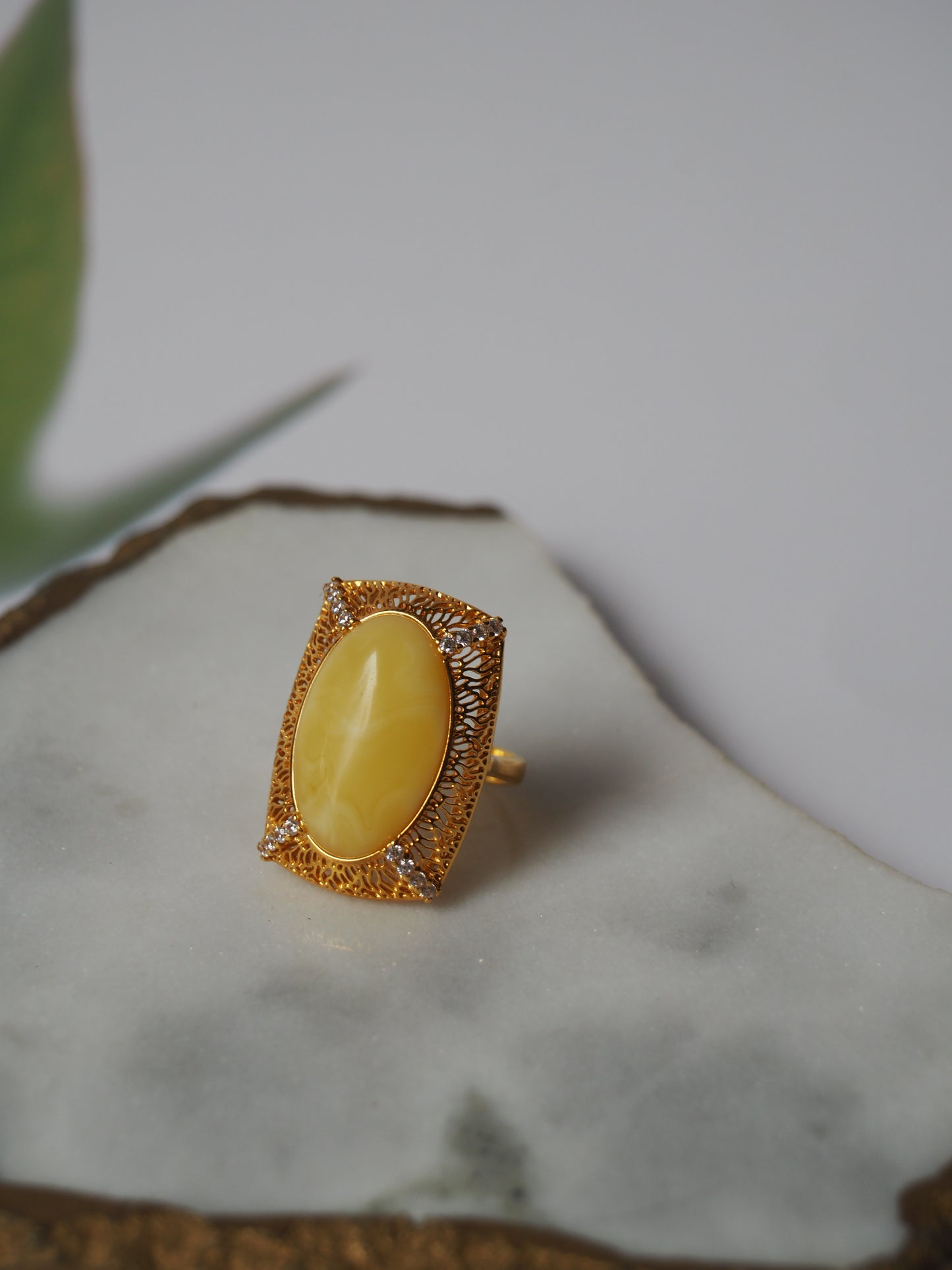 Rectangular Butterscotch Amber Ring with Cubic Zirconias in Gold Plated Silver