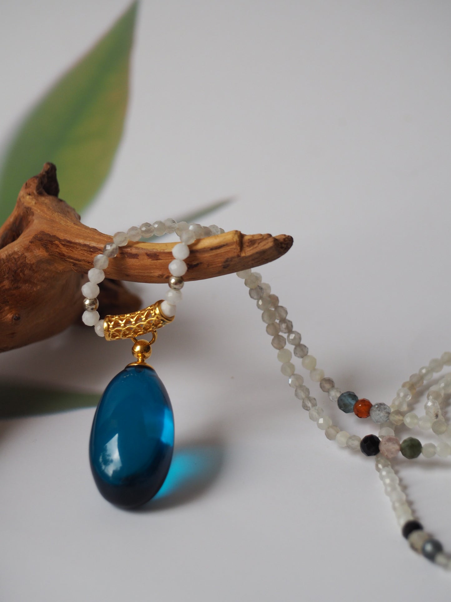 Natural Blue Amber Pendant in Gold Plated Silver with Moonstones, Tourmalines and Pink Quartz as Necklace