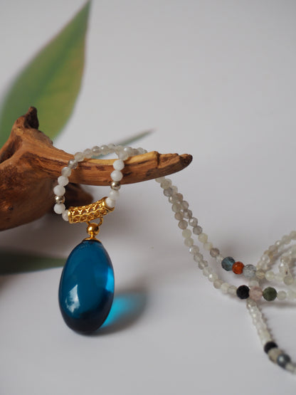 Natural Blue Amber Pendant in Gold Plated Silver with Moonstones, Tourmalines and Pink Quartz as Necklace