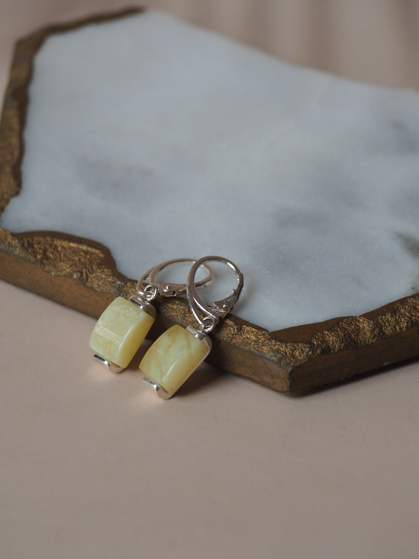 Royal White Rectangular Amber Earrings with Silver