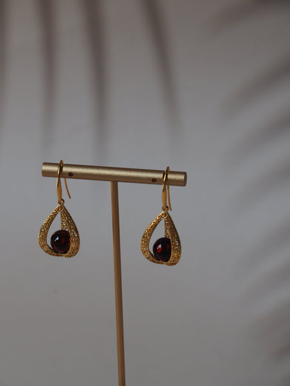 Triangle Cherry Amber Dangling Earrings with Gold Plated Silver Frame