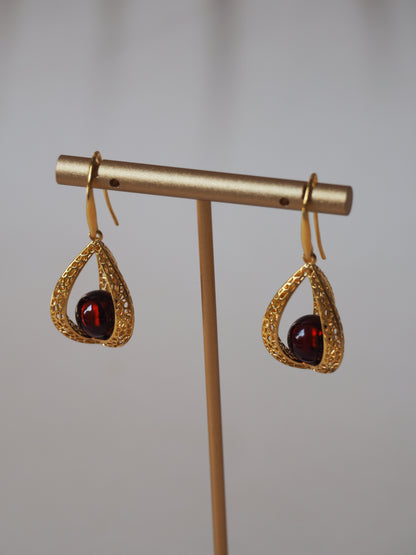 Triangle Cherry Amber Dangling Earrings with Gold Plated Silver Frame