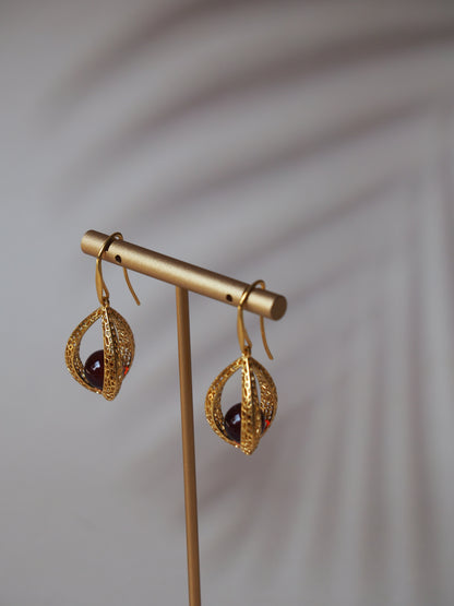 Triangle Cherry Amber Dangling Earrings with Gold Plated Silver Frame