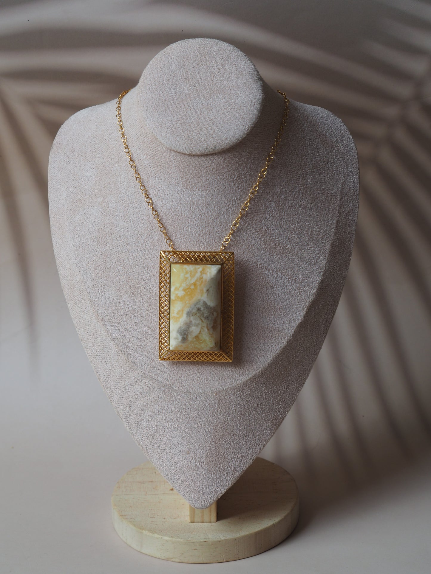 Unique Large Royal White Rectangular Amber Pendant with Gold Plated Silver Frame And Chain