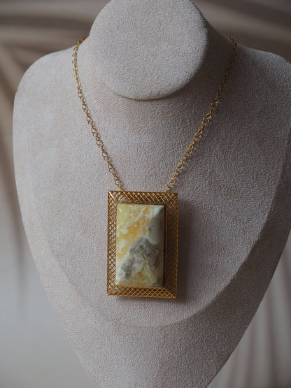 Unique Large Royal White Rectangular Amber Pendant with Gold Plated Silver Frame And Chain