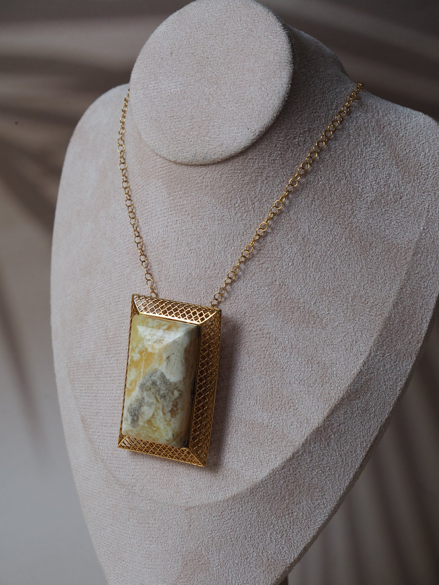 Unique Large Royal White Rectangular Amber Pendant with Gold Plated Silver Frame And Chain