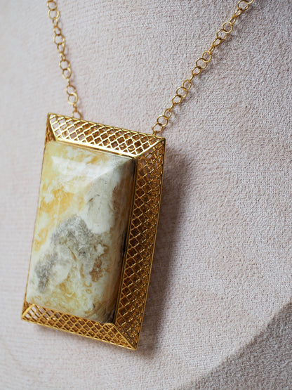 Unique Large Royal White Rectangular Amber Pendant with Gold Plated Silver Frame And Chain