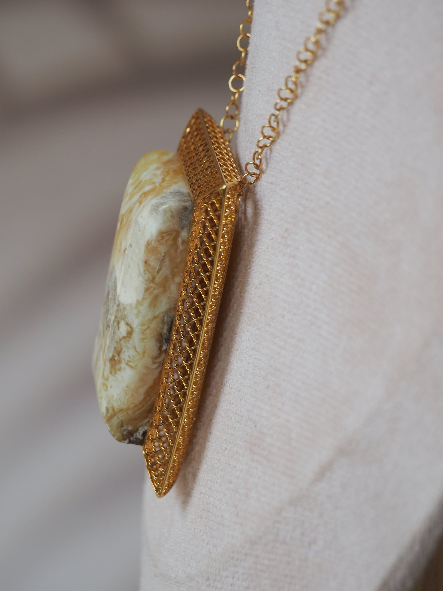 Unique Large Royal White Rectangular Amber Pendant with Gold Plated Silver Frame And Chain