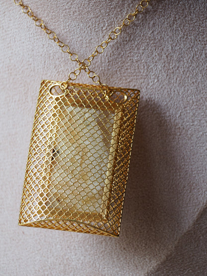 Unique Large Royal White Rectangular Amber Pendant with Gold Plated Silver Frame And Chain