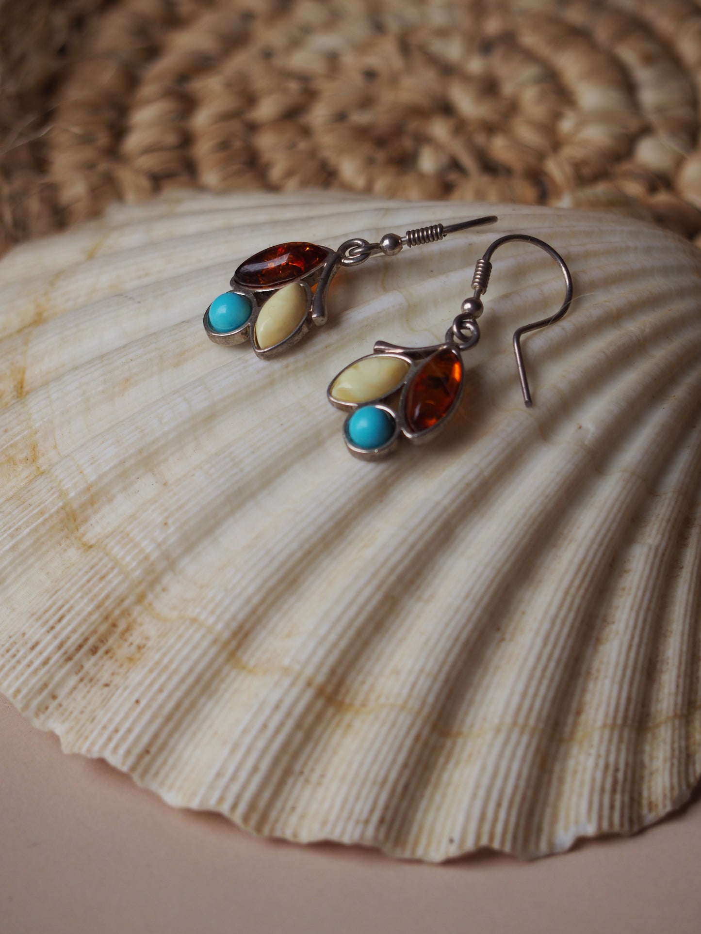 Multicolor Amber + Turquoise Stone Dangling Earrings