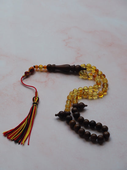 Natural Irregular Citron Amber and Egyptian Kokka Wood Tasbih 45 Beads