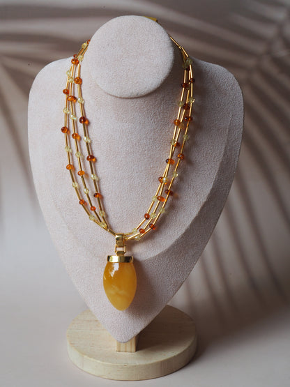 Unique Claw Shaped Butterscotch / Honey Amber Necklace With Gold Plated Silver and Swarovski Crystals