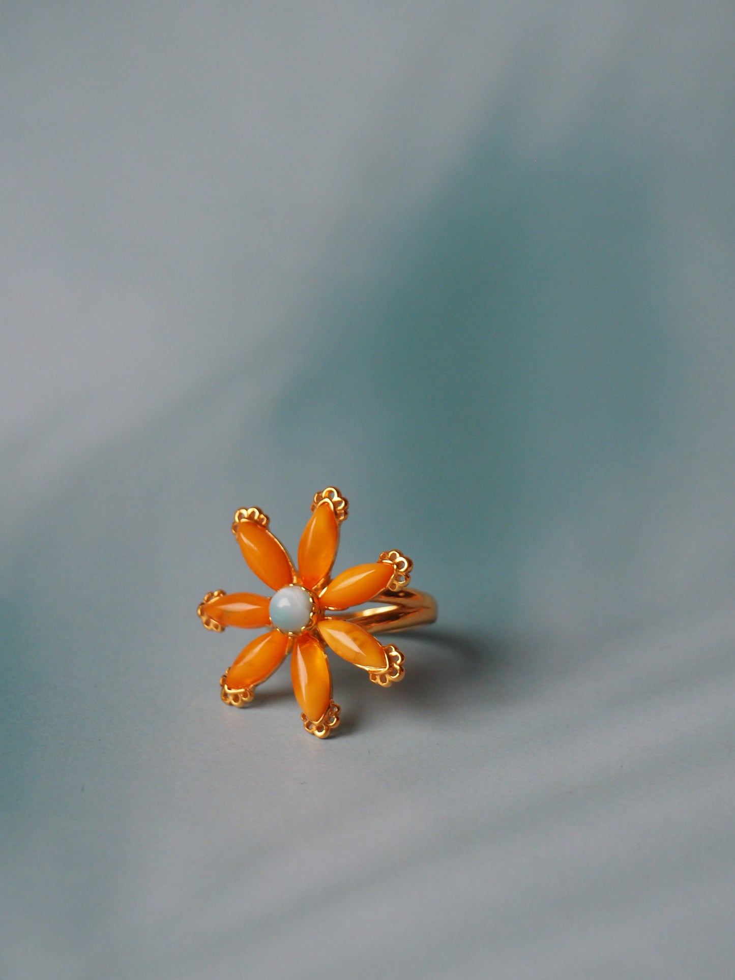 Honey Amber Flower Shape Ring with Larimar