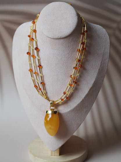 Unique Claw Shaped Butterscotch / Honey Amber Necklace With Gold Plated Silver and Swarovski Crystals