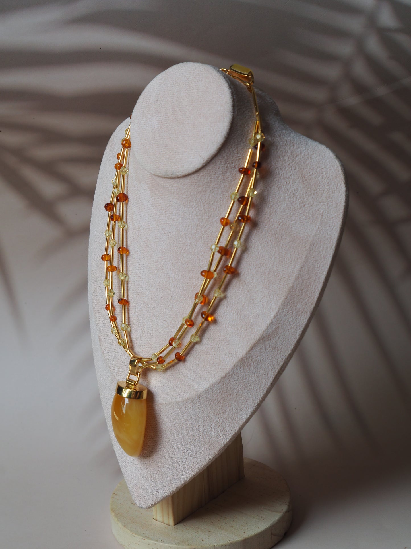 Unique Claw Shaped Butterscotch / Honey Amber Necklace With Gold Plated Silver and Swarovski Crystals