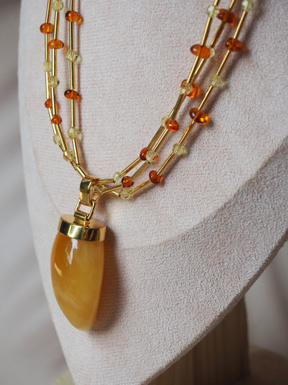 Unique Claw Shaped Butterscotch / Honey Amber Necklace With Gold Plated Silver and Swarovski Crystals