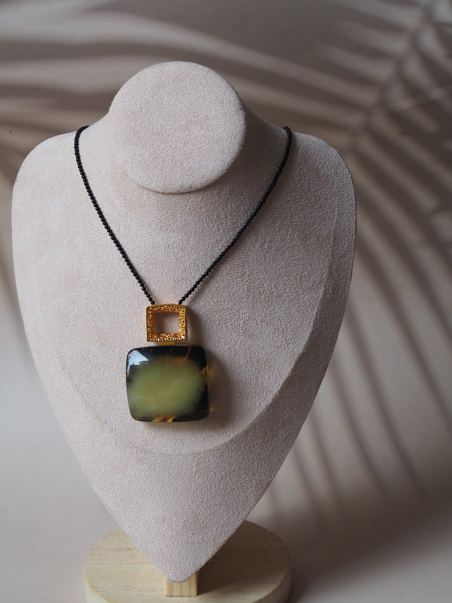 Huge Green Amber Necklace with Black Onyx Necklace and Gold Plated Frame