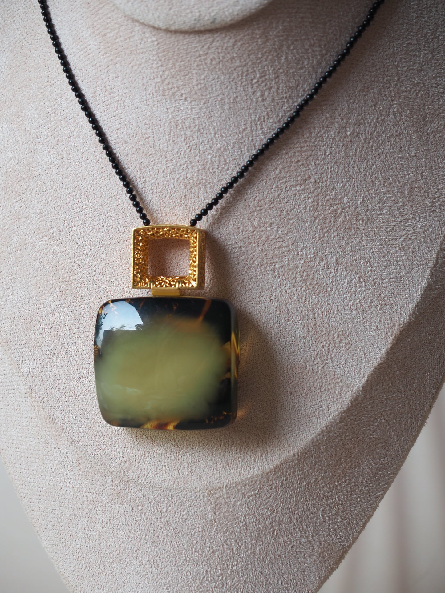 Huge Green Amber Necklace with Black Onyx Necklace and Gold Plated Frame