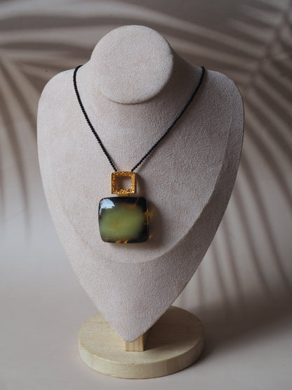 Huge Green Amber Necklace with Black Onyx Necklace and Gold Plated Frame