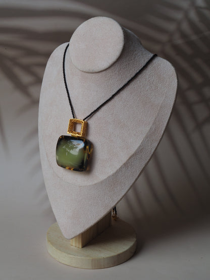 Huge Green Amber Necklace with Black Onyx Necklace and Gold Plated Frame