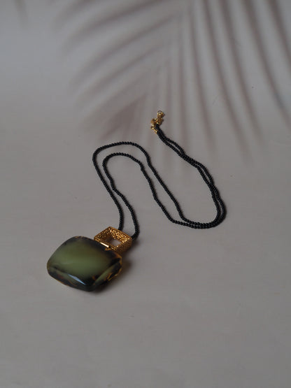 Huge Green Amber Necklace with Black Onyx Necklace and Gold Plated Frame