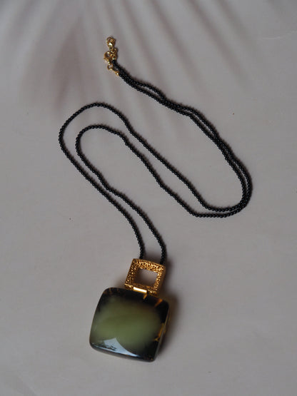 Huge Green Amber Necklace with Black Onyx Necklace and Gold Plated Frame